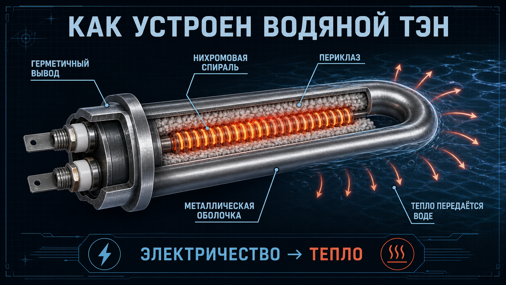 Инфографика: устройство водяного ТЭНа — нихромовая спираль, периклаз, металлическая оболочка и передача тепла воде